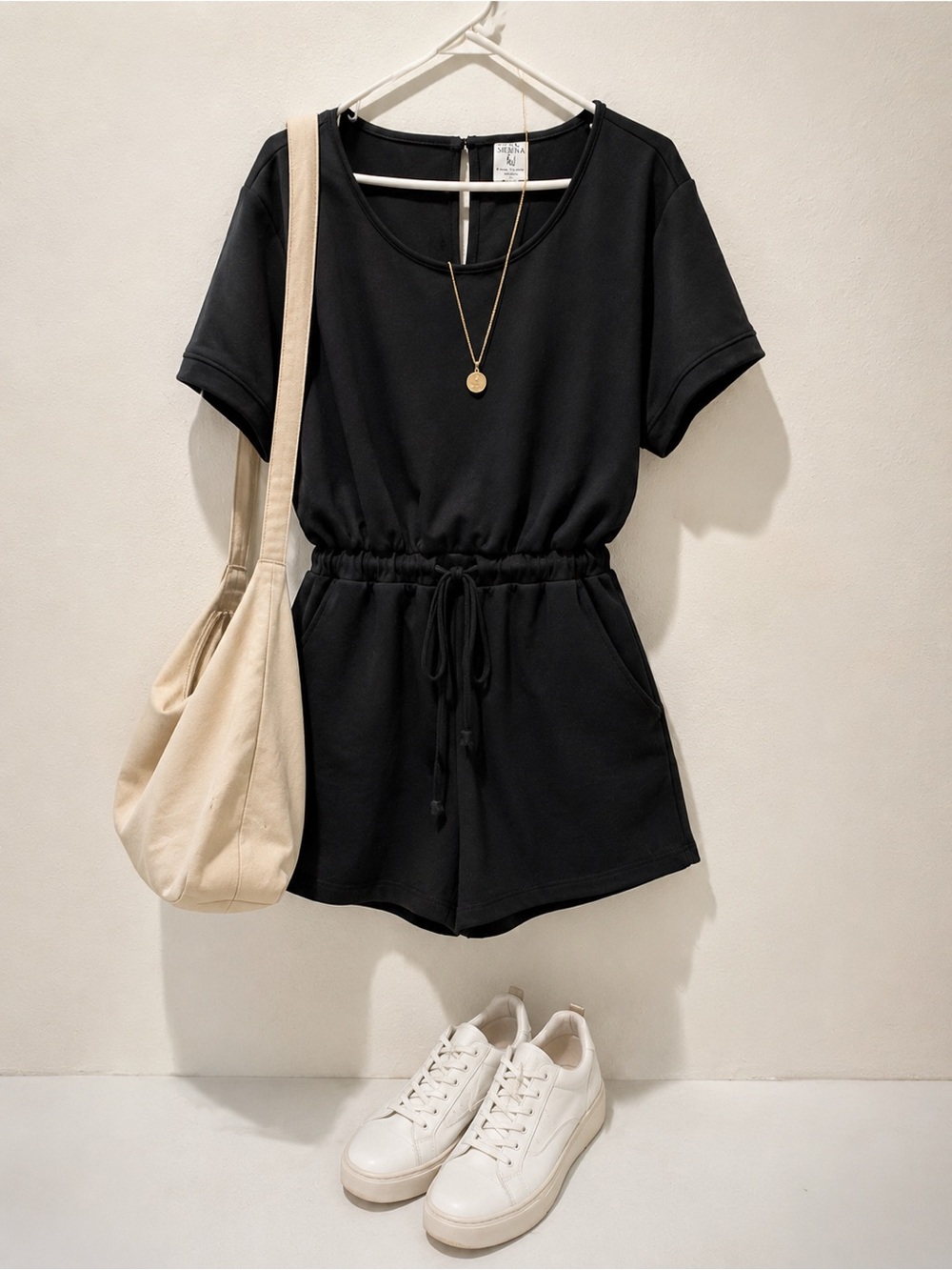Serra Black Short Sleeve Drawstring Romper
